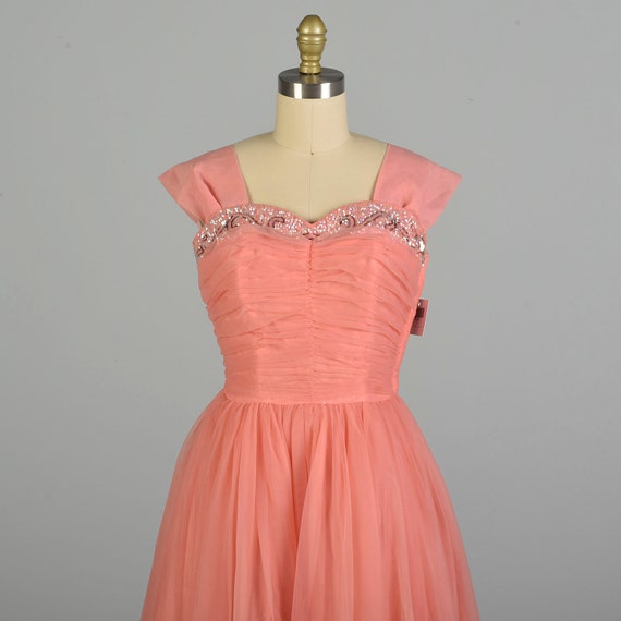 Small 1950s Pink Coral Chiffon Prom Dress Bead Em… - image 6