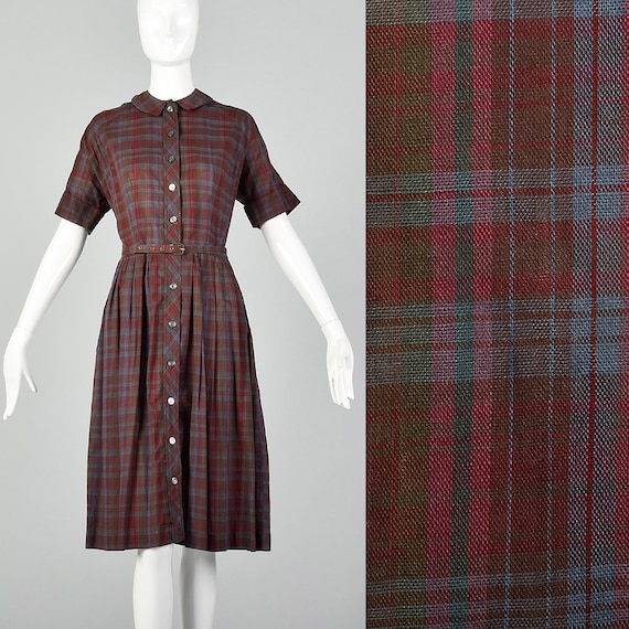 XL 1950s Plaid Day Dress Shirtwaist Casual Burgund