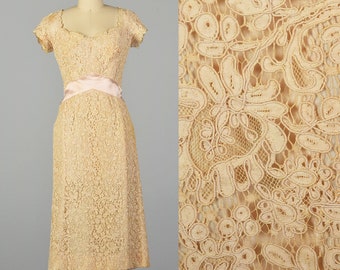 XS 1940s Dress Pink Cream Lace Satin Sweetheart Party Dress Frock Short Sleeve