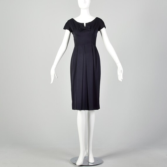 Small 1940s Dress Navy Blue Boatneck Notched Bow … - image 4