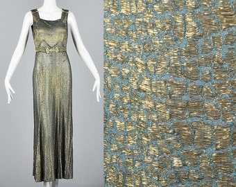 XS 1930s Dress Gold Lamé Evening Gown Old Hollywood Glamour Art Deco Formal Occasion Bias Cut