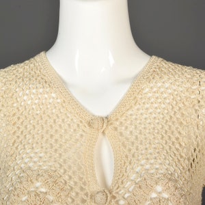 Small 1960s Crochet Top Short Sleeve Crochet Cardigan Boho Hippie Sheer Cardigan Casual Separates 60s Vintage image 7