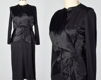 Large 1940s Dress Black Cocktail Dress Satin Bodice Peplum Waist Long Sleeves Evening Wear LBD 40s Vintage