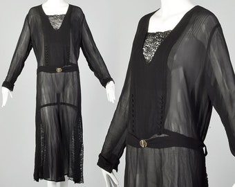 XXL 1920s Black Dress Sheer Silk Chiffon Pin Tucked Bodice 20s Drop Waist Long Sleeve Dress