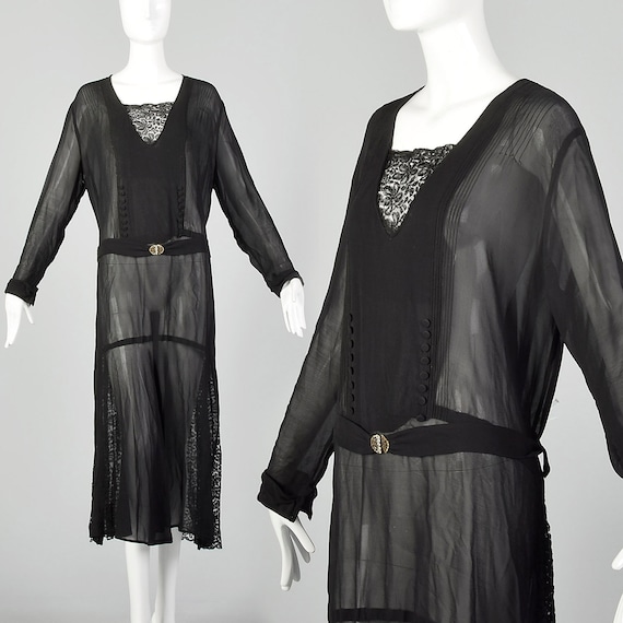 XXL 1920s Black Dress Sheer Silk Chiffon Pin Tuck… - image 1