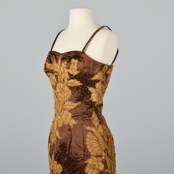 XS 1950s Dress Brown Satin Dress Lace Applique Sl… - image 6