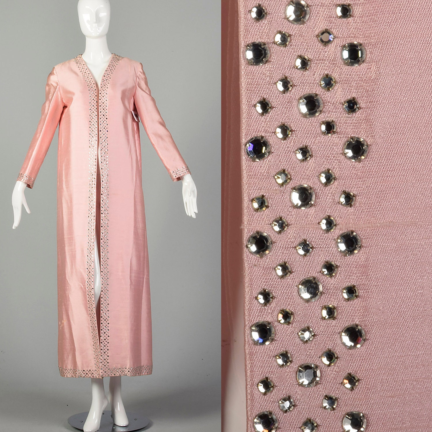 1960s Coats and Jackets Medium 1960S Opera Coat Formal Pink Clutch Rhinestone Trim Full Length $261.00 AT vintagedancer.com