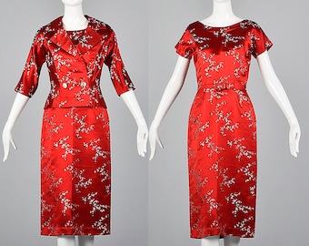 Small 1960s Dress Red Floral Brocade Dress Matching Jacket Spring Summer Wear Vintage Separates 60s Vintage