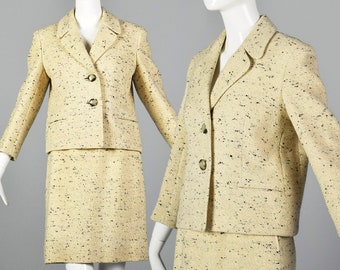 XS 1960s Suit Wool Skirt Suit Cream Wool Navy Blue Flecks Matching Set Fall Winter Boxy Jacket Pencil Skirt 60s Vintage