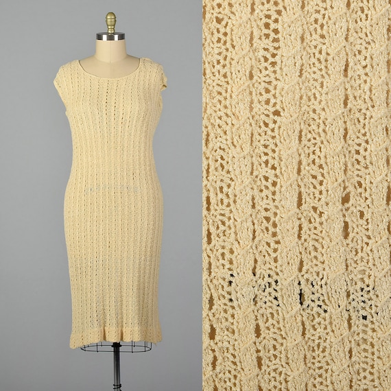 XL 1920s Dress Cream Cable Knit Dress Short Sleev… - image 1