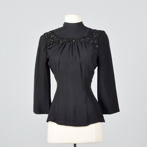 XS 1940s Black Fitted Blouse Sequin Trim Sexy Blo… - image 1