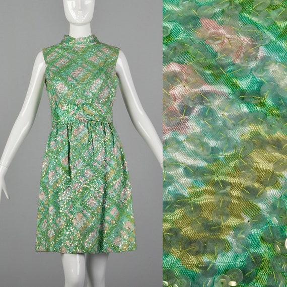 XS 1960s Sequin Watercolor Dress Vintage Cocktail