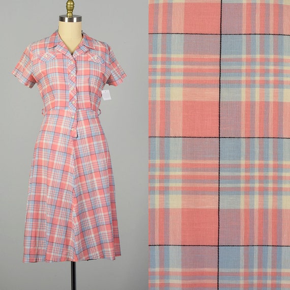 XL 1950s Pink Plaid Summer Day Dress - image 1