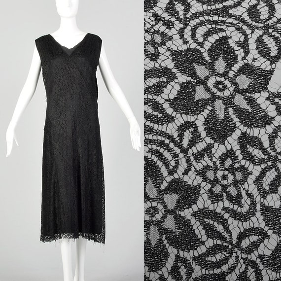 Large 1930s Black Lace Day Dress Floral Pattern Sl