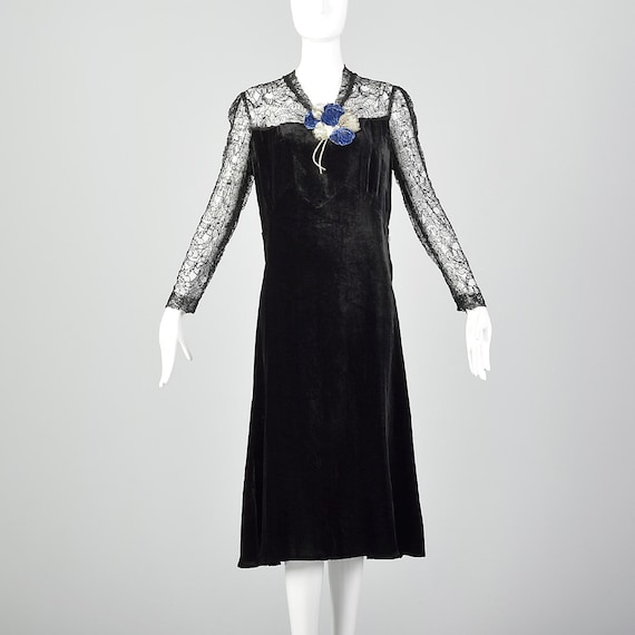Medium 1930s Black Dress Velvet Long Sleeve Sheer