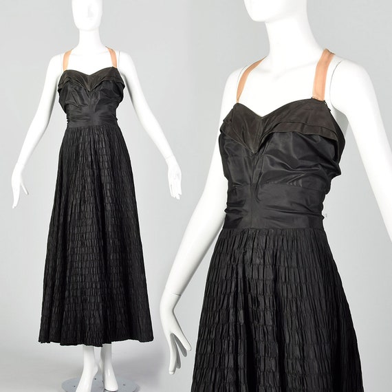 XL 1940s Black Dress Silk Taffeta Ball Gown Sweeth