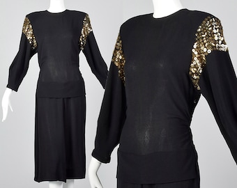 Medium 1940s Dress Black Femme Fatale Dress Large Shoulders Sequin Detail Rayon Crepe Evening Wear Cocktail Party 40s Vintage