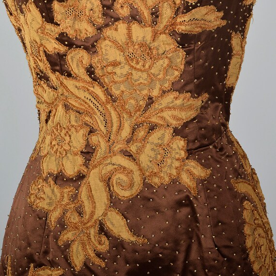 XS 1950s Dress Brown Satin Dress Lace Applique Sl… - image 7