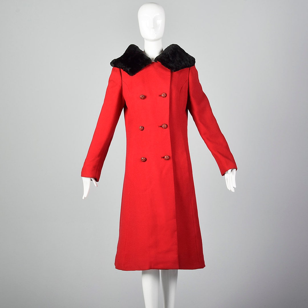 1960s Asymmetric Red Winter Coat with Black Sheared Fur Trim