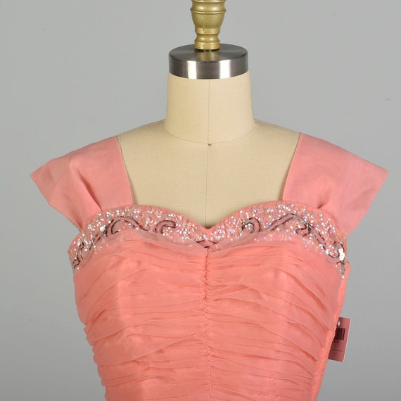 Small 1950s Pink Coral Chiffon Prom Dress Bead Em… - image 8