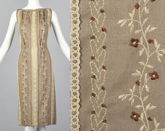 XS 1960s Moygashel Irish Linen Dress Sleeveless Pencil Dress Lace Embroidery Detail Lightweight Spring Summer 60s Vintage