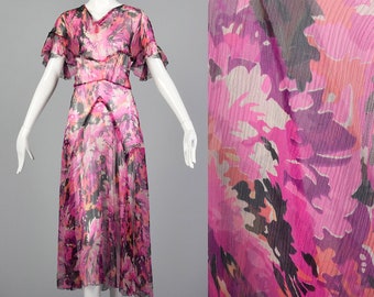 XXS 1930s Dress Pink Floral Silk Dress Short Flutter Sleeves Lightweight Day Dress Spring Summer 30s Vintage