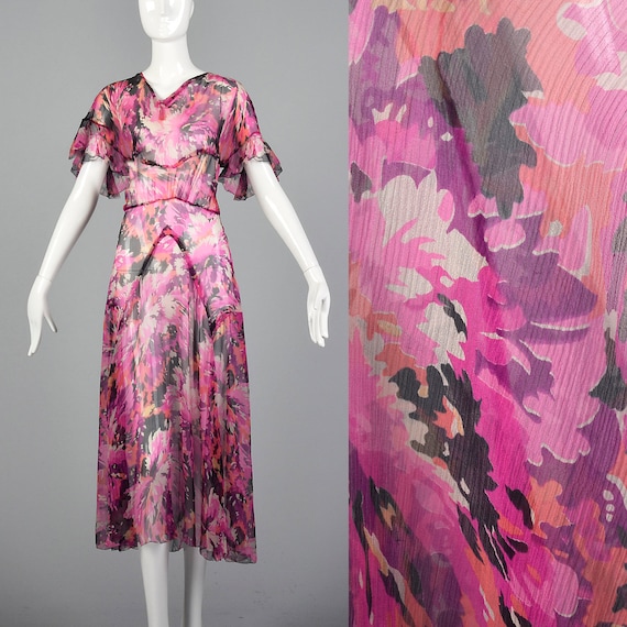 XXS 1930s Dress Pink Floral Silk Dress Short Flut… - image 1