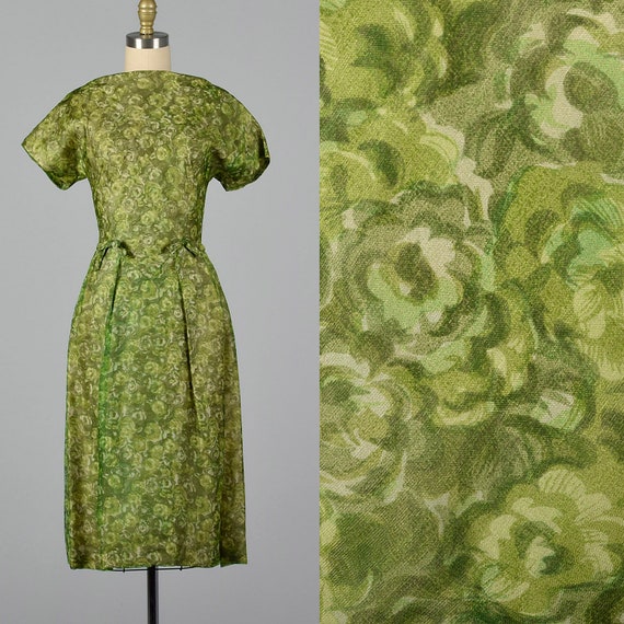 Small 1950s Green Dress Floral Day Dress Boat Neck