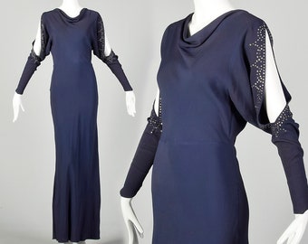 Small 1930s Dress Blue Bias Cut Rhinestone Slit Long Sleeve Evening Gown