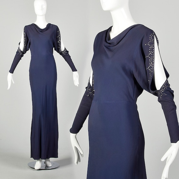 Small 1930s Dress Blue Bias Cut Rhinestone Slit L… - image 1