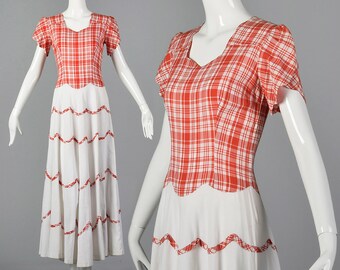 Small 1940s Day Dress Maxi Skirt Red Plaid Sweetheart Neckline Petal Sleeves Scallop Details Spring Summer 40s