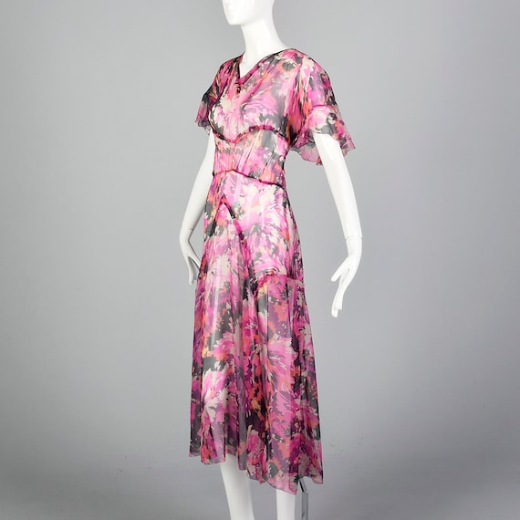 XXS 1930s Dress Pink Floral Silk Dress Short Flut… - image 4