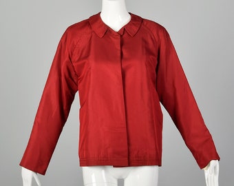 Large 1960s Red Silk Lightweight Jacket Peter Pan Collar Open Front Fall Spring