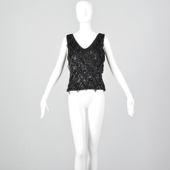 Medium 1960s Top Black Beaded Fringe Blouse Wool … - image 4