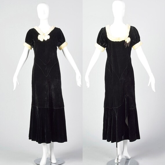 XS Black Cotton Velvet Dress White Fur Trim Bow P… - image 1