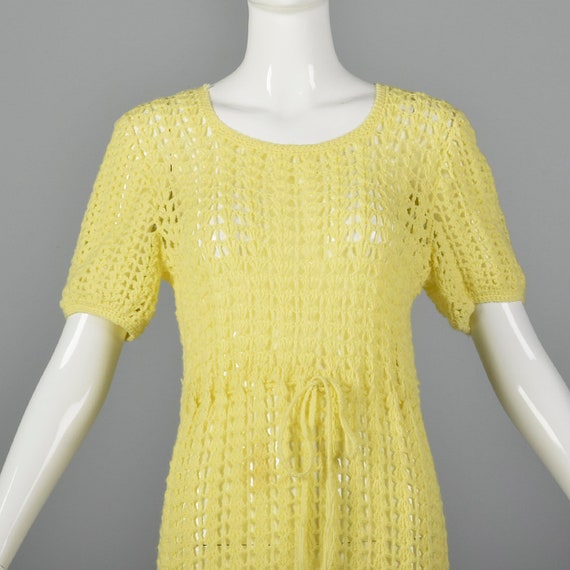 Small 1960s Yellow Crochet Dress Sheer Short Slee… - image 4