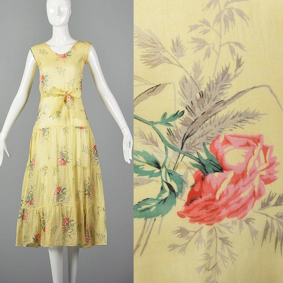 XXS 1930s Dress Sheer Yellow Day Dress Large Rose