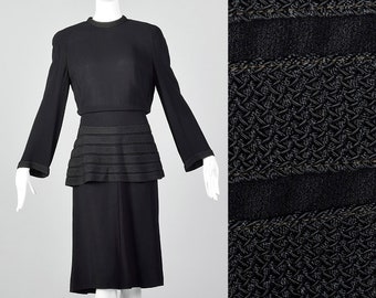 Medium 1940s Dress Black Peplum Dress Woven Stripe Trim Long Bell Sleeves Fall Winter Day Wear 40s Vintage