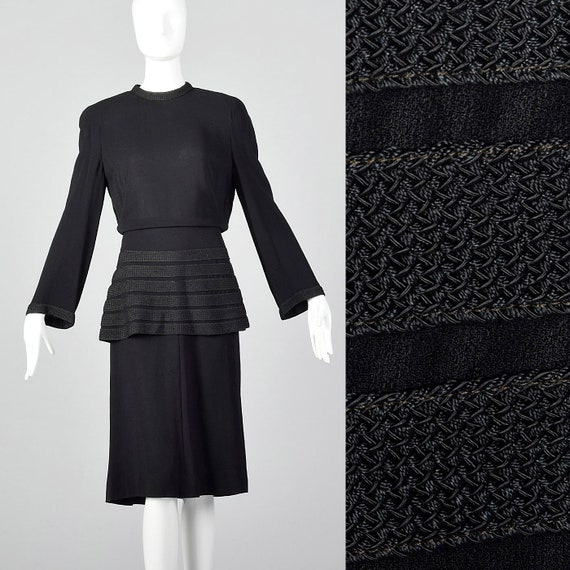Medium 1940s Dress Black Peplum Dress Woven Strip… - image 1