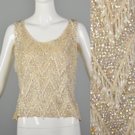 Large 1960s Sleeveless Beaded Sweater Blouse Ivory