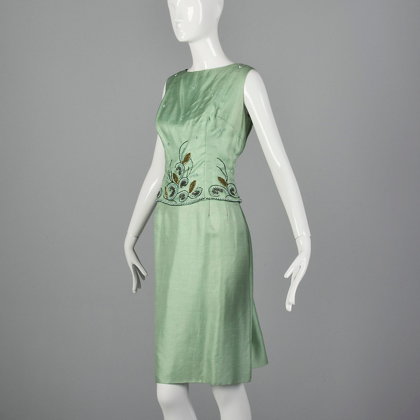 XL 1960s Dress Green Silk Dress Faux Two-piece Look Sleeveless Beading ...