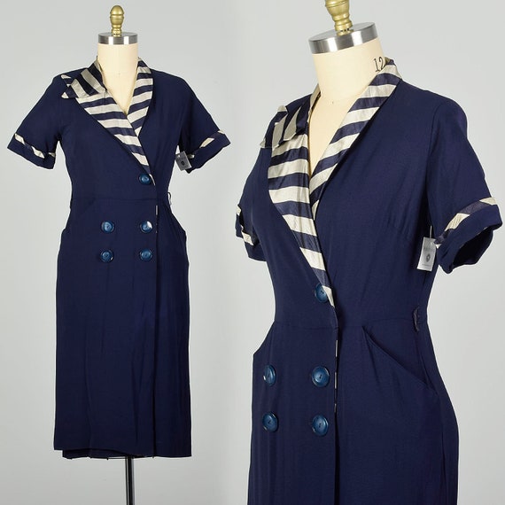 Large 1950s Dress Asymmetric Navy Striped Collar … - image 1