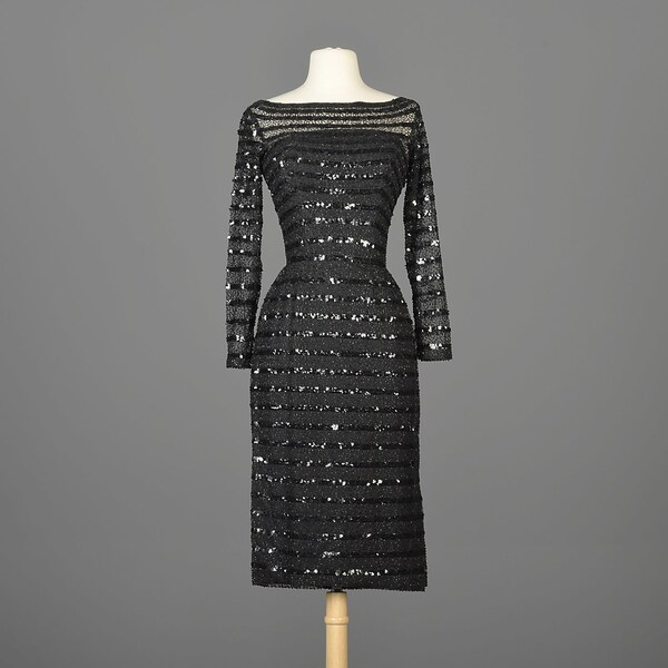 1960s Ceil Chapman Sheer Black Wiggle Dress with Sequin Stripes