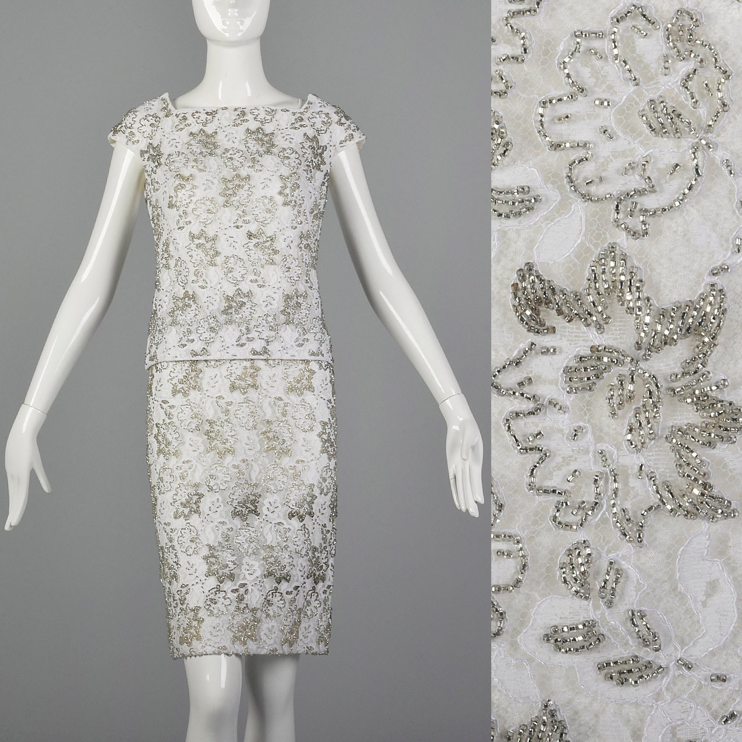 XS 1960s Two Piece Beaded Dress Set Vintage Two Piece Wedding Dress 60s