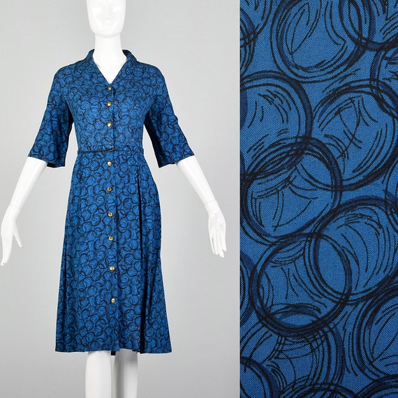 Large 1960s Blue Day Dress Geometric Print Rockabi