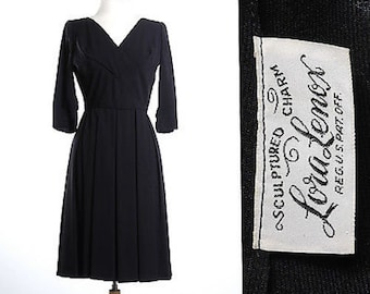 Small 1950s Dress Classic Little Black Dress Detailed Bust Pleated Skirt Cocktail Party 1950s Vintage Elbow Sleeves