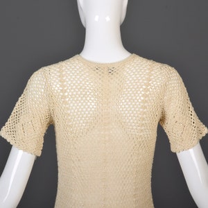 Small 1960s Crochet Top Short Sleeve Crochet Cardigan Boho Hippie Sheer Cardigan Casual Separates 60s Vintage image 10