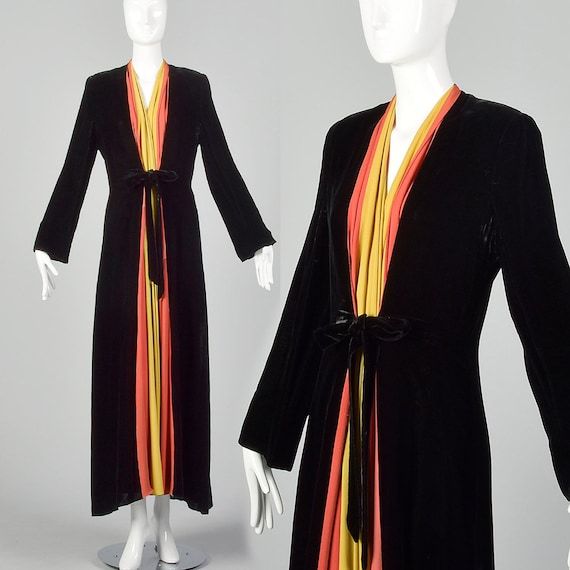 1940s Dressing Gown Velvet Color Block Robe Vintag