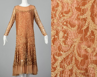 Small 1930s Dress Golden Brown Lace Dress Chiffon Hem Formal Evening Wear Art Deco Cocktail Party 30s Vintage