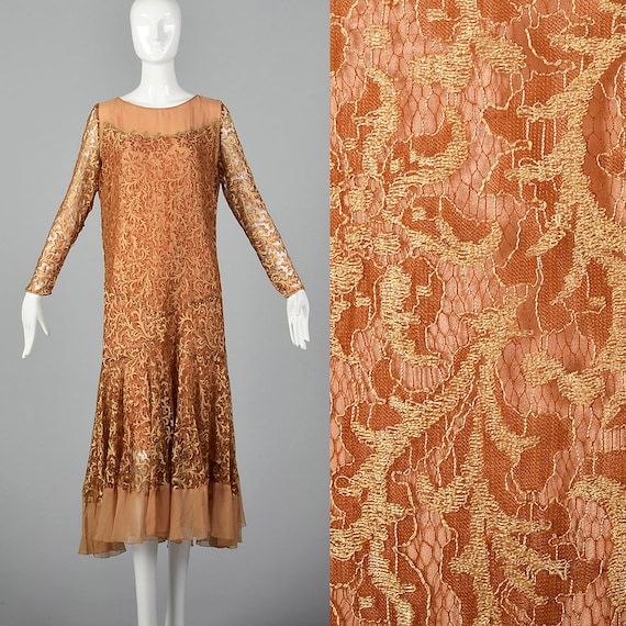 Small 1930s Dress Golden Brown Lace Dress Chiffon… - image 1